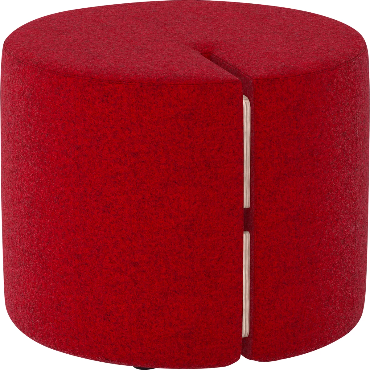 Roter, runder Hocker mit Spalt. Die Spalte zeigt ein helles Material.