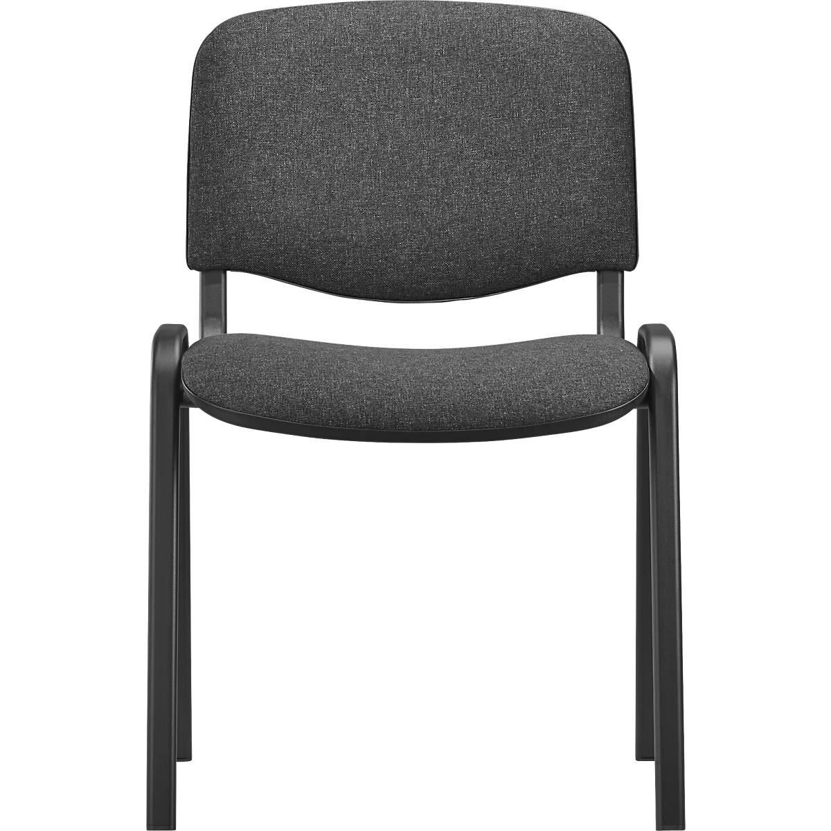 Grauer Bürostuhl mit Stoffbezug, schwarzem Rahmen, gerader Rückenlehne und gepolsterter Sitzfläche.