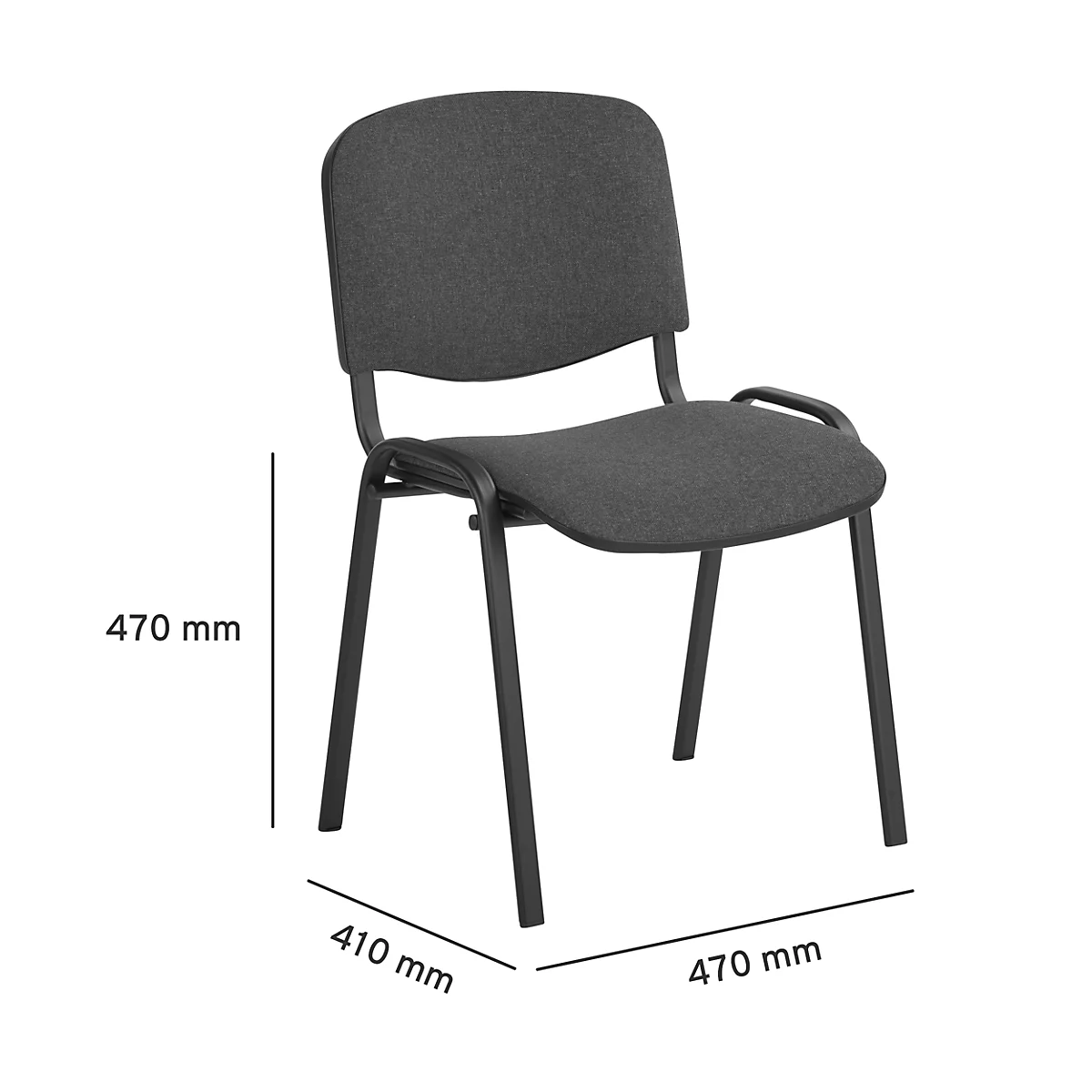 Dunkelgrauer Stuhl mit schwarzem Gestell. Maße: 470 x 410 x 470 mm.