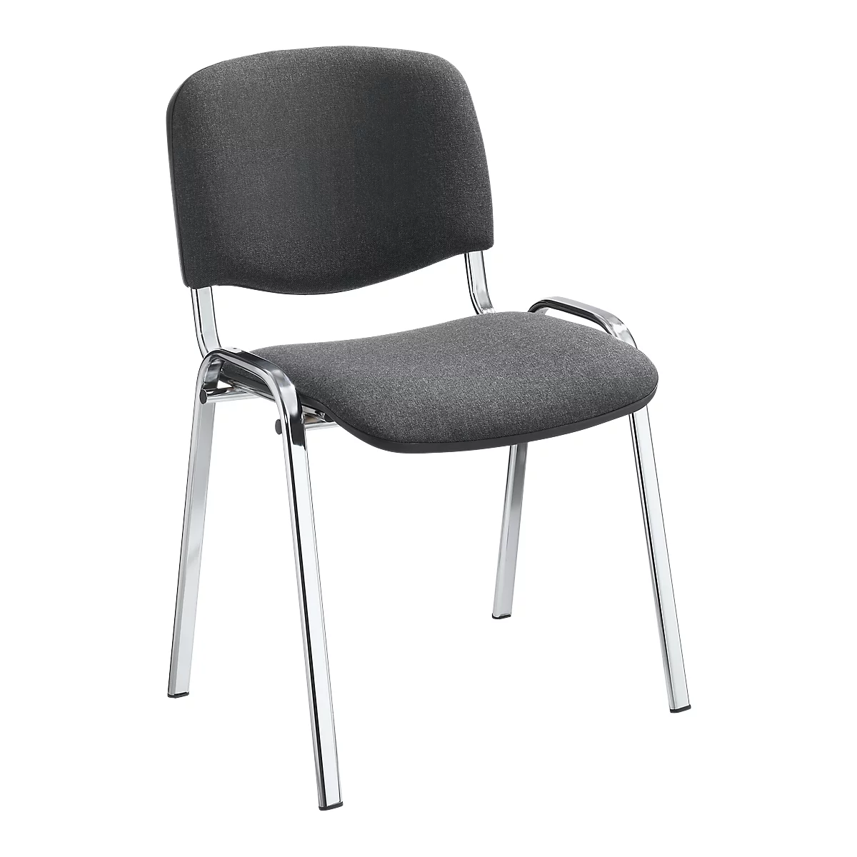 Ein grauer Bürostuhl mit gepolsterter Sitzfläche und Rückenlehne. Das Gestell ist aus verchromtem Metall.