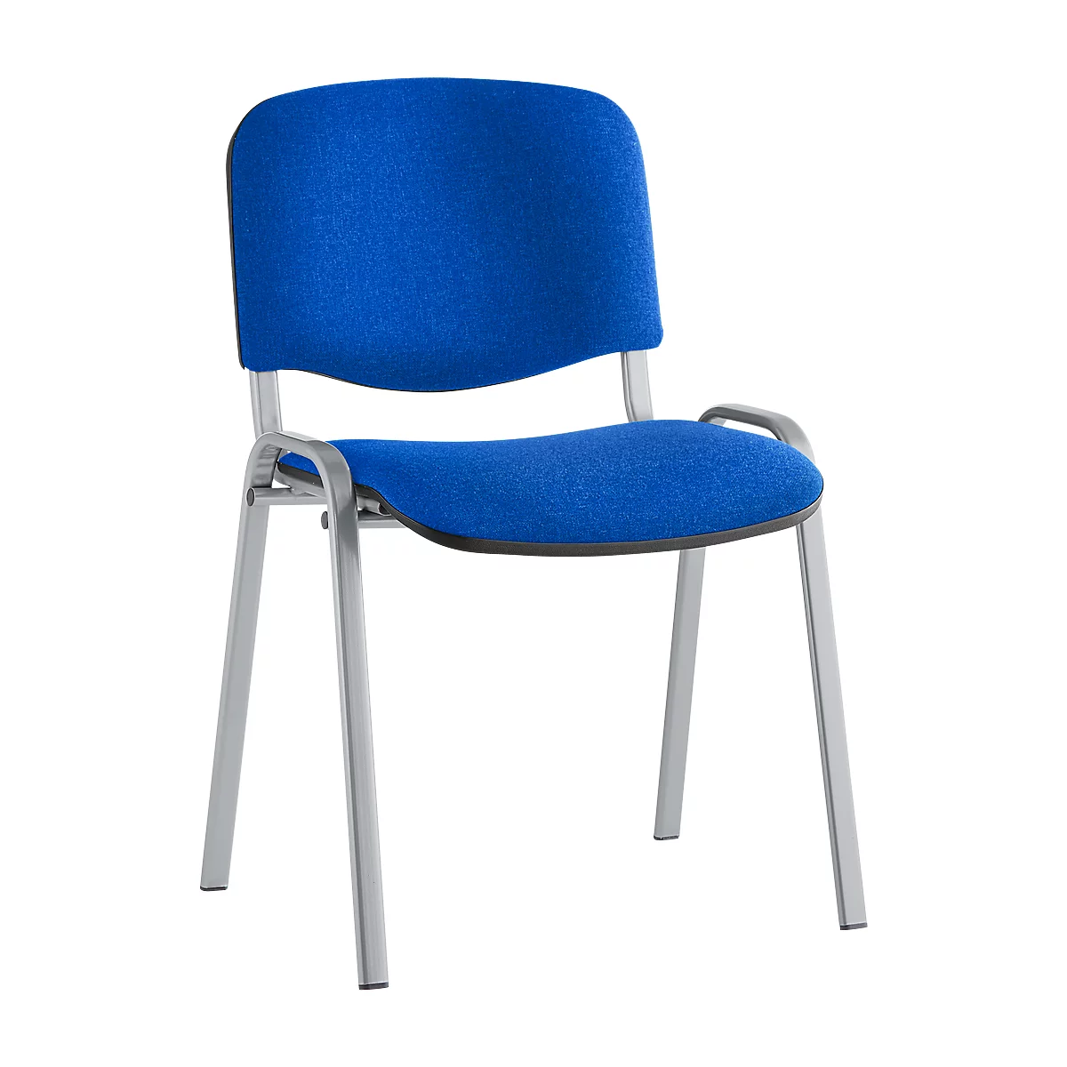 Blauer Stuhl mit silbernem Rahmen. Der Sitz und die Rückenlehne sind gepolstert. Armlehnen sind vorhanden.