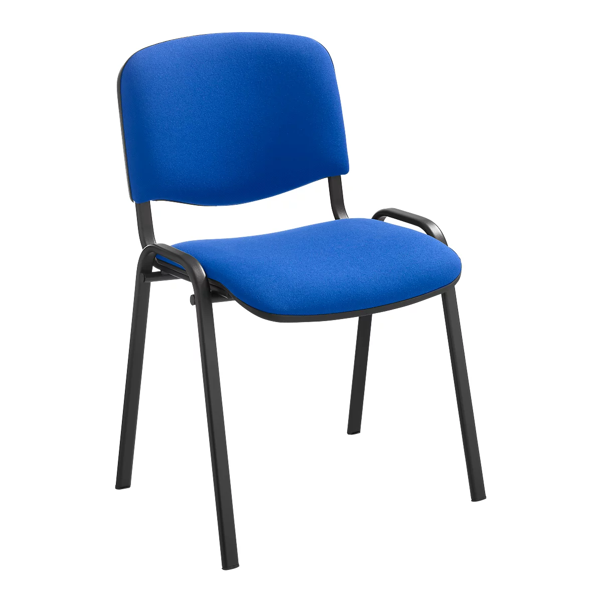 Blauer Stuhl mit schwarzem Metallgestell, Armlehnen und Rückenlehne. Die Sitzfläche ist leicht geschwungen.