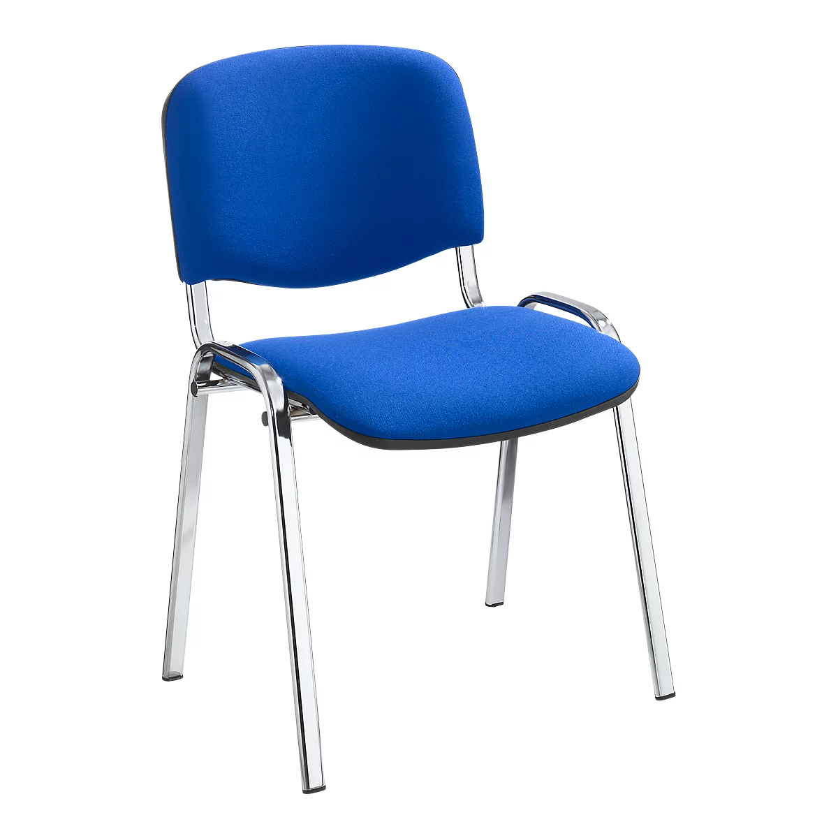 Blauer Stuhl mit Metallbeinen, Rücklehne und Armlehnen.