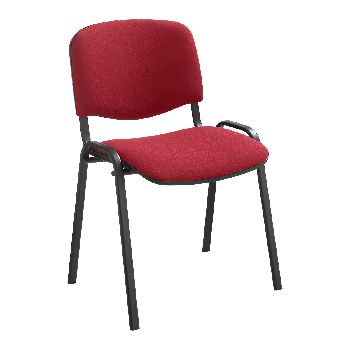 Roter Stuhl mit schwarzem Gestell. Die Sitzfläche und die Rückenlehne sind gepolstert.