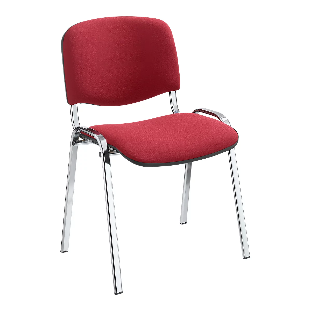 Roter Stuhl mit Chromgestell. Lehne und Sitz sind gepolstert.