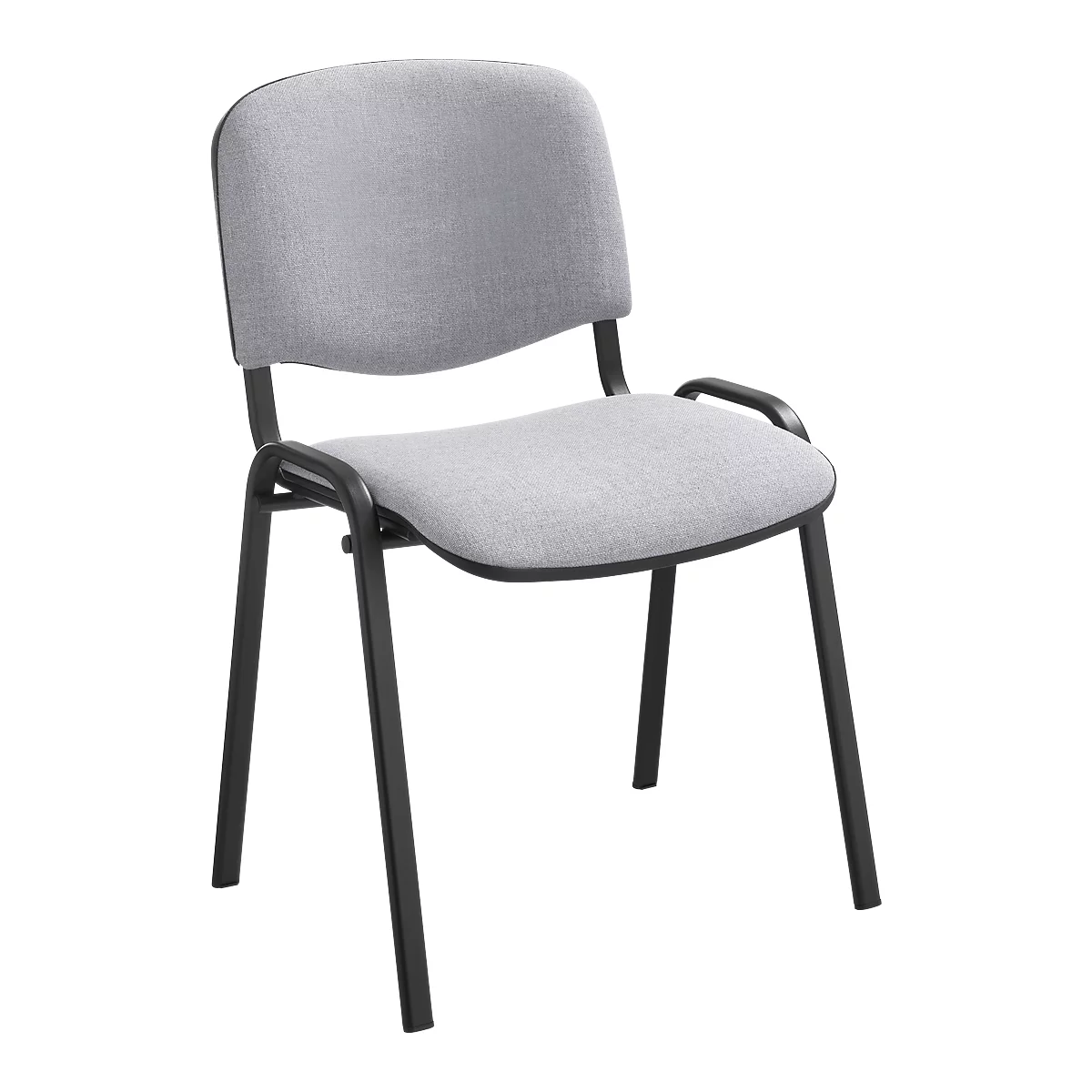Grauer Stuhl mit schwarzen Metallbeinen und Armlehnen. Rückenlehne und Sitz sind gepolstert.