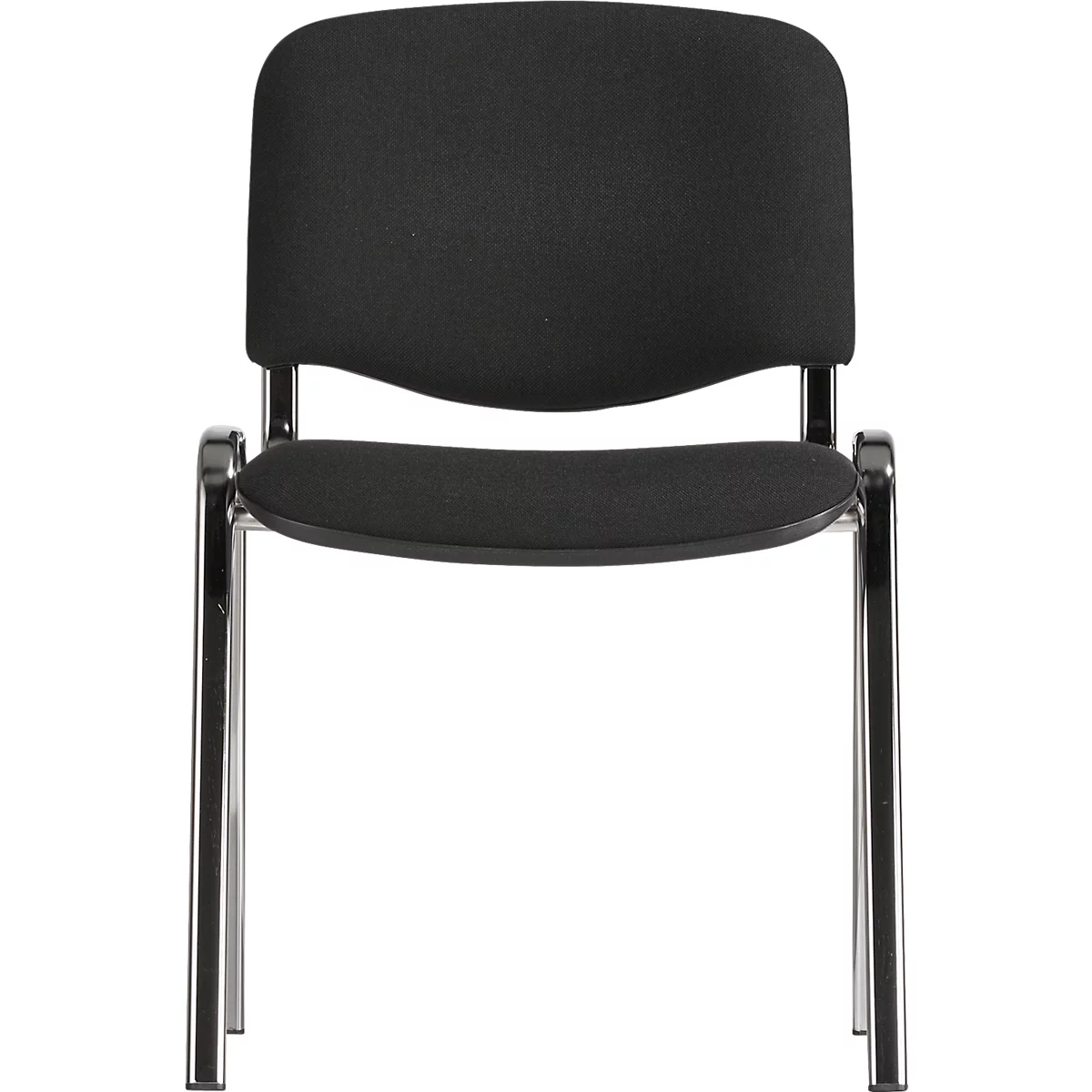 Schwarzer Stuhl mit Rückenlehne und Sitzfläche auf einem metallischen Gestell.