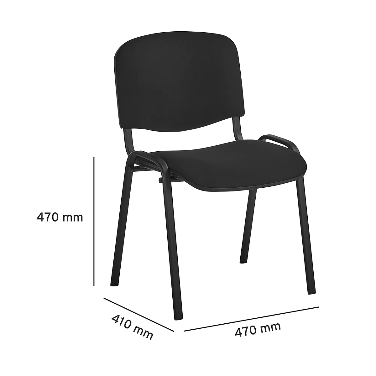 Schwarzer Bürostuhl, Masse angegeben: 470 mm hoch, 410 mm breit, 470 mm tief.
