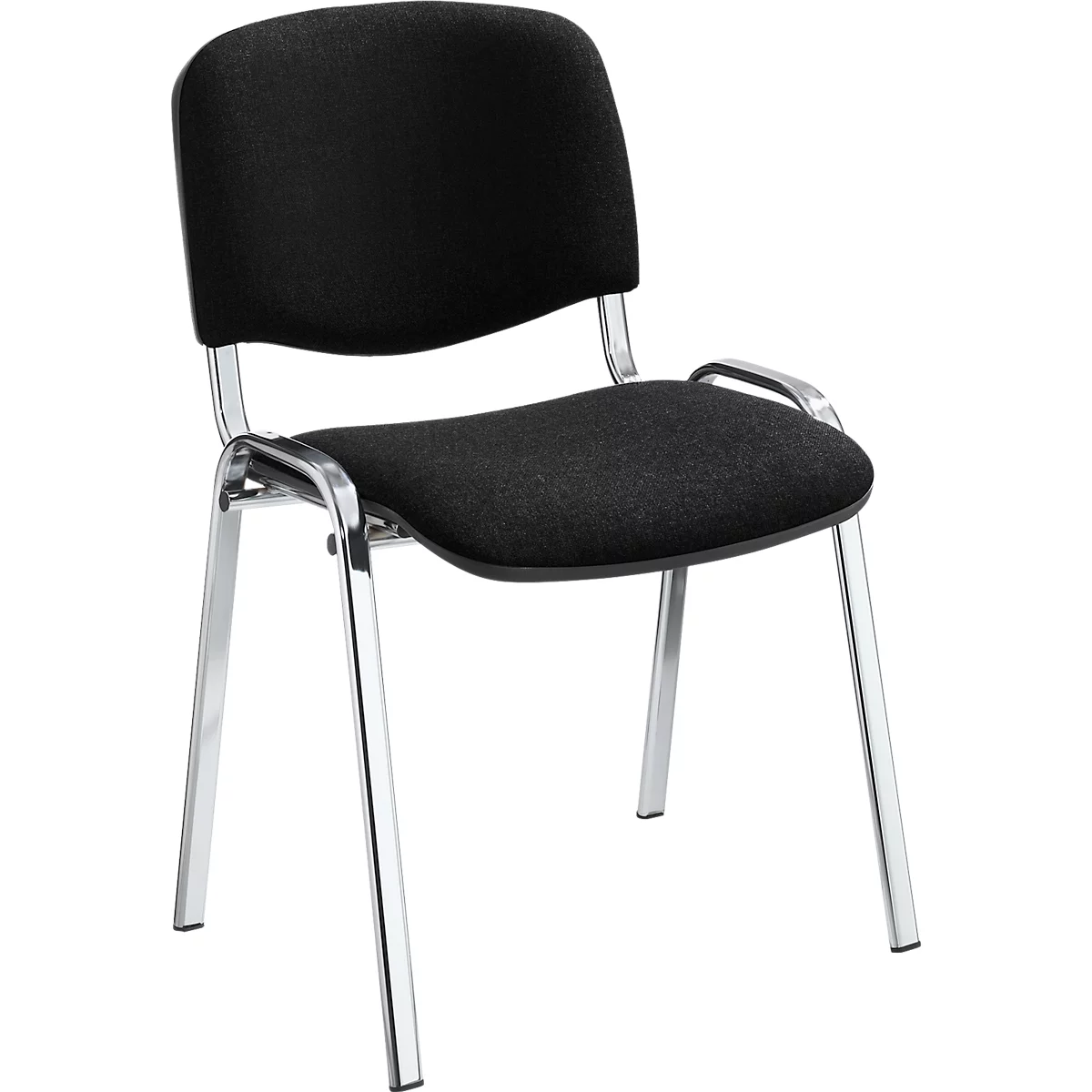 Schwarzer Bürostuhl mit Metallgestell. Sitz und Rückenlehne aus Stoff.
