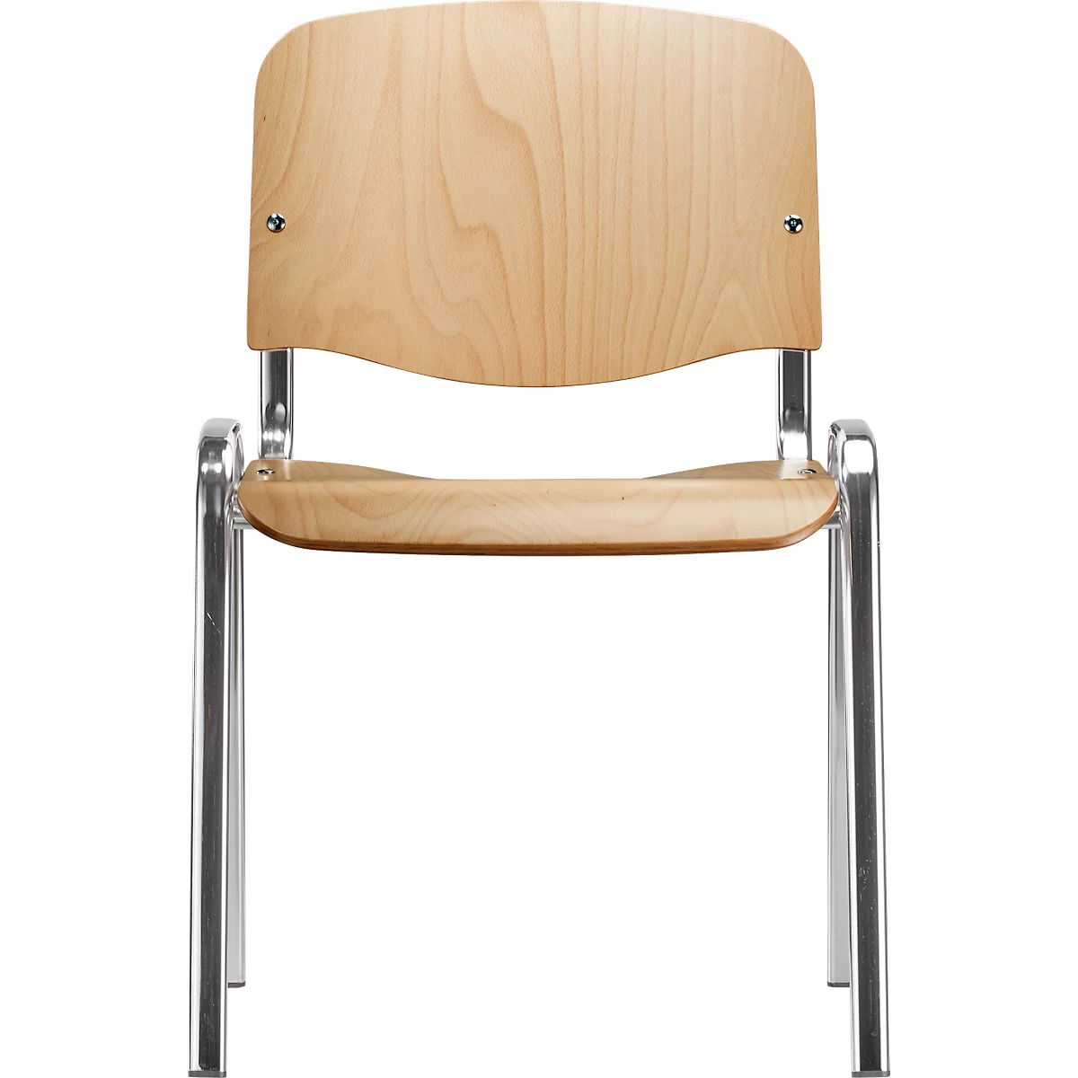 Stuhl aus Holz und Metall, der vor weißem Hintergrund steht.