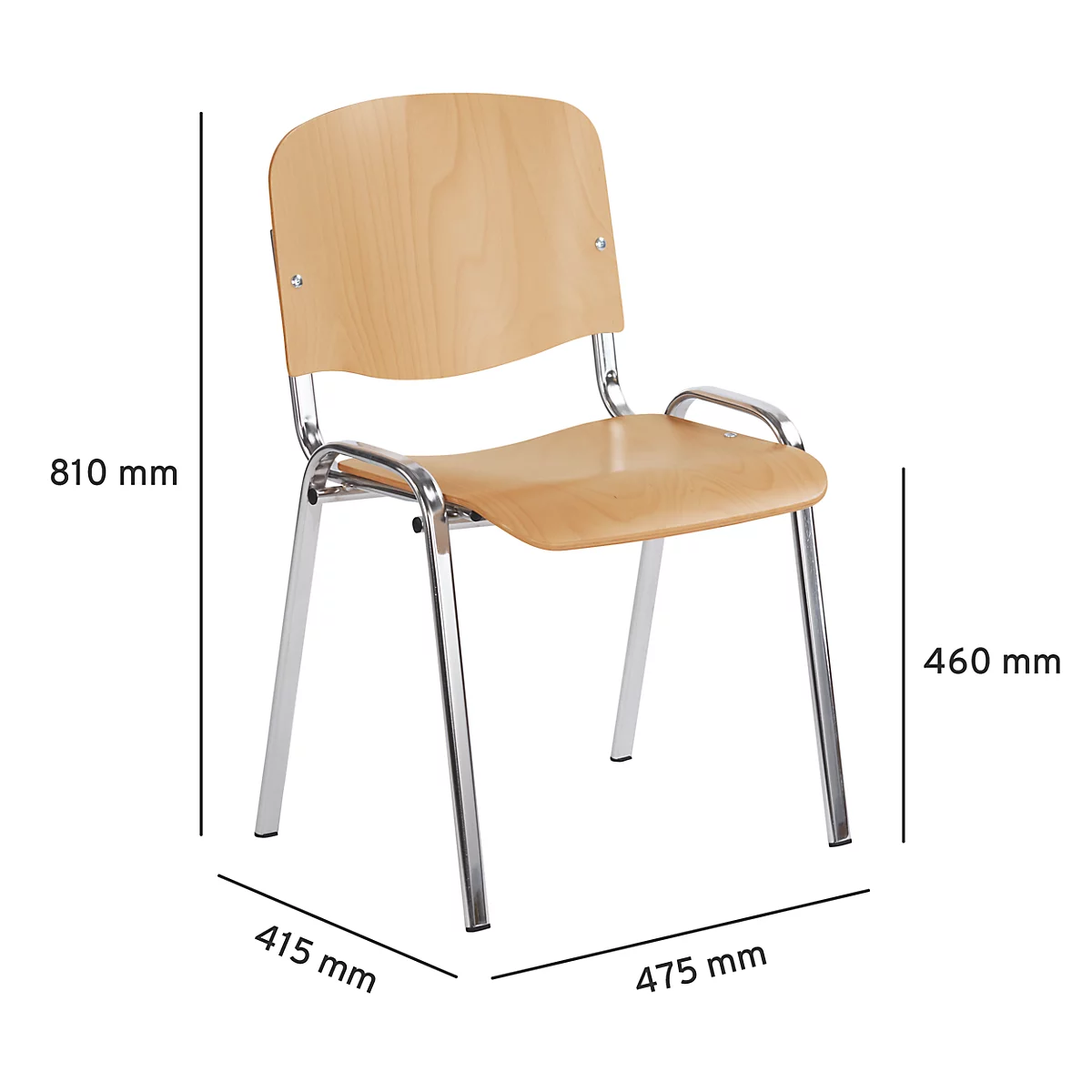 Holzstuhl mit Metallgestell, Maße angegeben: 810 mm hoch, 460 mm Sitzhöhe, 415 mm breit, 475 mm tief.