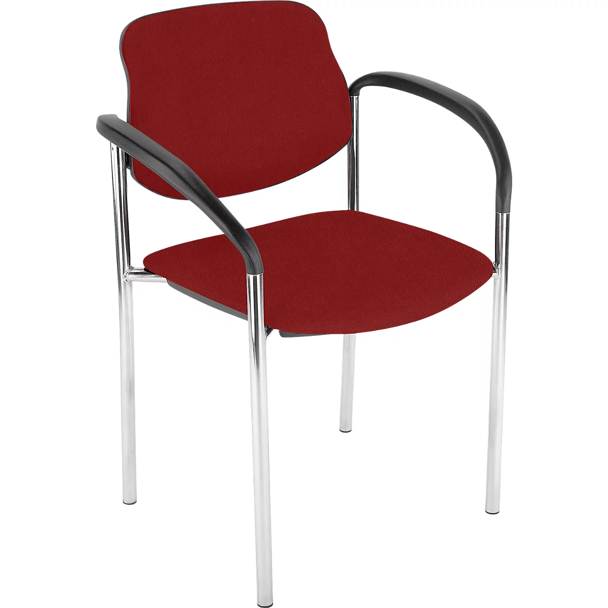 Ein roter Bürostuhl mit schwarzen Armlehnen und silbernen Beinen.