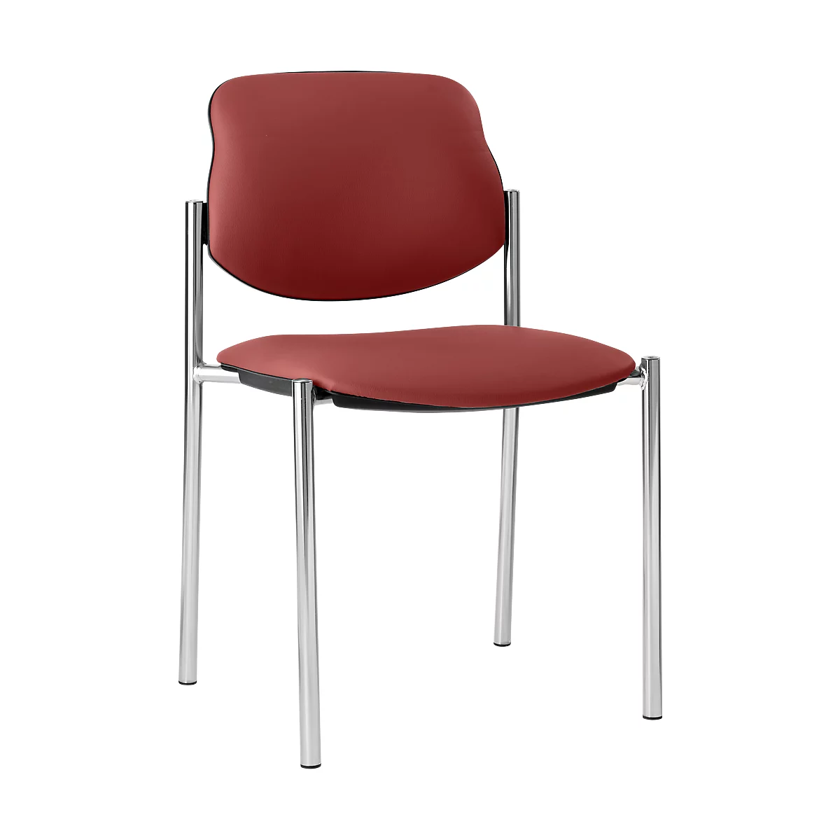 Stuhl mit roter Sitzfläche und Rückenlehne, Metallbeine. Schwarzer Rahmen, minimalistisches Design.