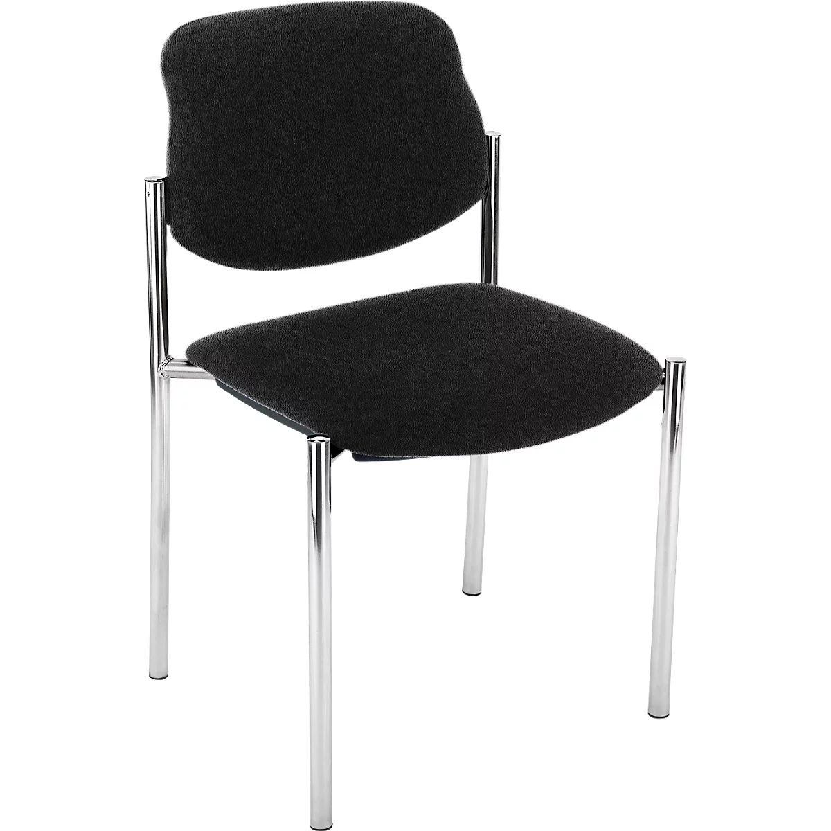Schwarzer Stuhl mit gepolsterter Sitzfläche und Lehne. Vier Beine aus Metall. Modernes Design.