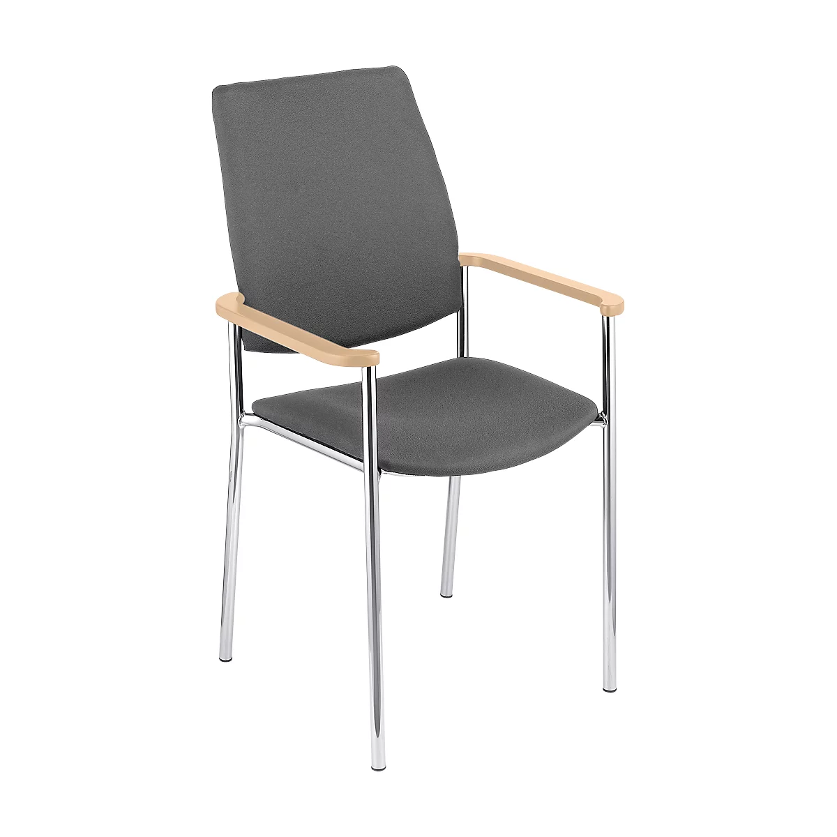 Ein grauer Stuhl mit Armlehnen. Der Sitz und die Rückenlehne sind aus Stoff, die Armlehnen aus Holz und das Gestell aus Metall.