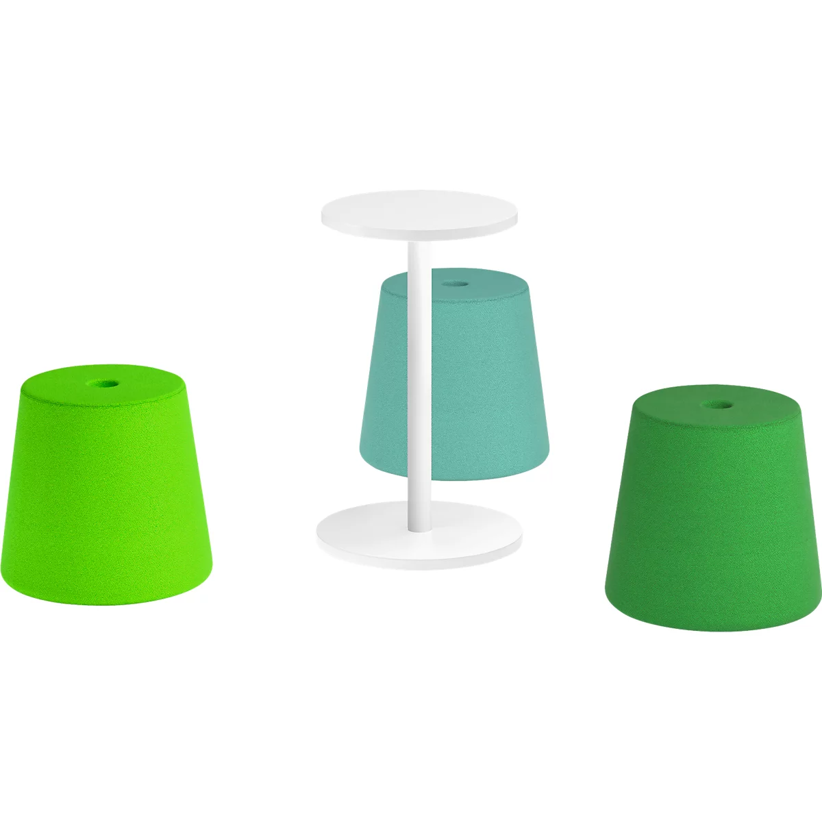 Three stools: two green, one blue, with a white table.