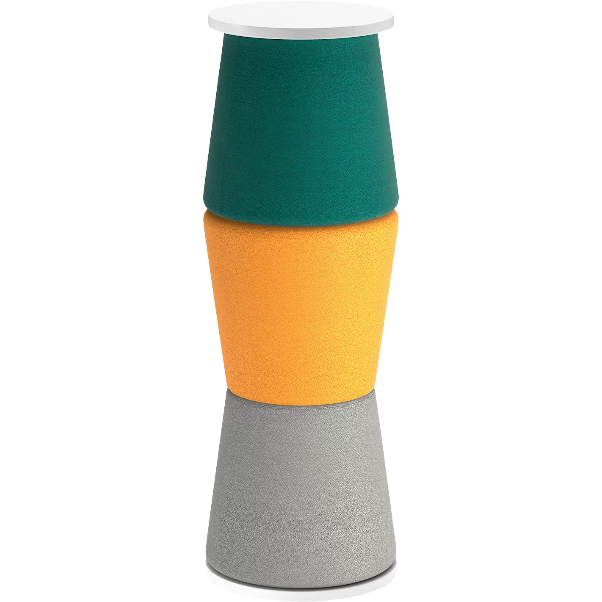 Three-legged, multi-colored stool. The seat is white, with dark green, orange and gray underneath.