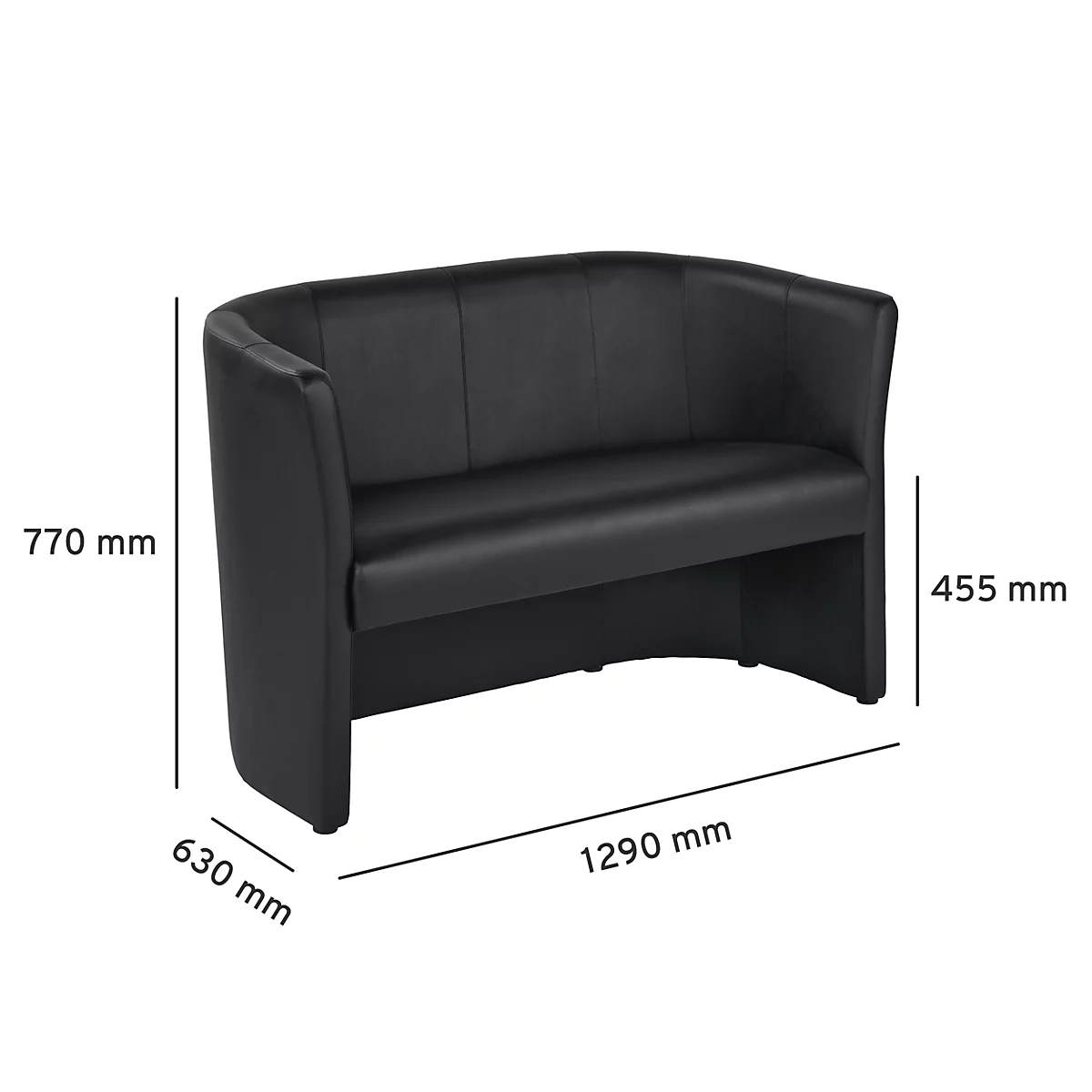 Schwarze, halbrund geformte Bank mit Massen. 770 mm hoch, 630 mm tief, 1290 mm breit. Die Sitzfläche ist in drei Abschnitte unterteilt.