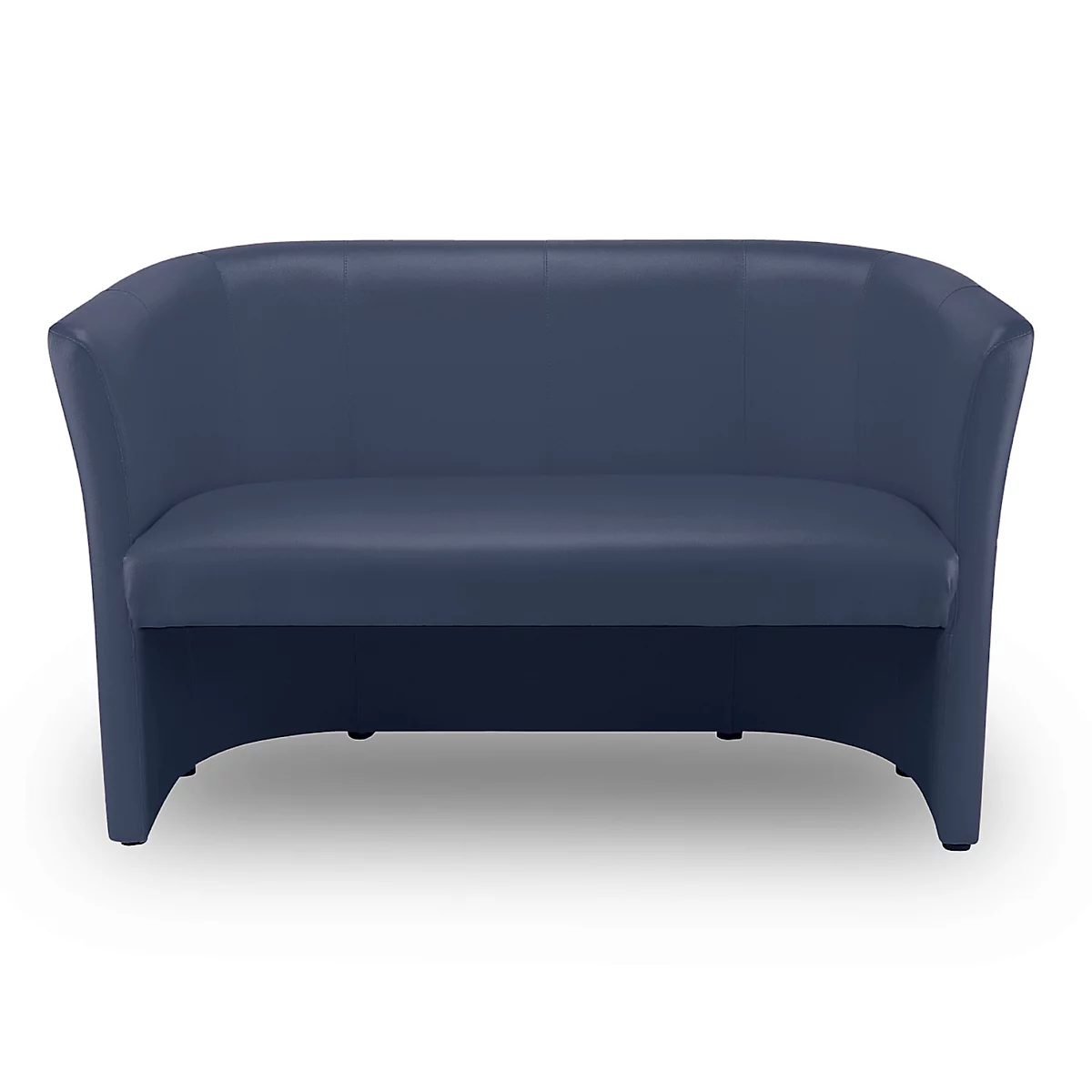 Blaues Sofa, gepolstert, auf weissem Hintergrund. Geschwungene Form mit hoher Rückenlehne.