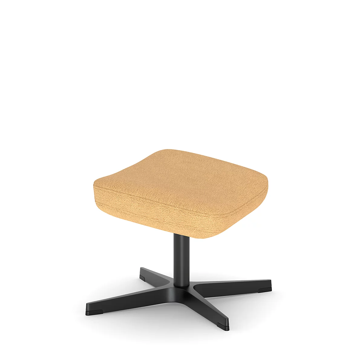 Hocker mit gelbem Stoffbezug und schwarzem Metallfuss auf weissem Hintergrund.