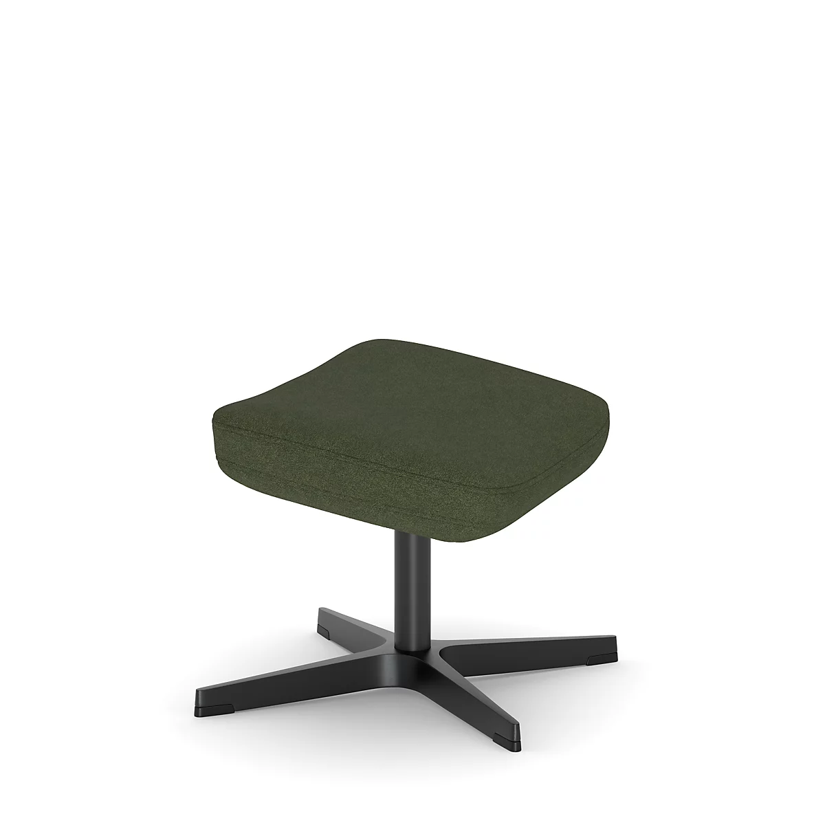 Hocker mit dunkelgrüner Sitzfläche und schwarzem Fusskreuz, vor weissem Hintergrund.