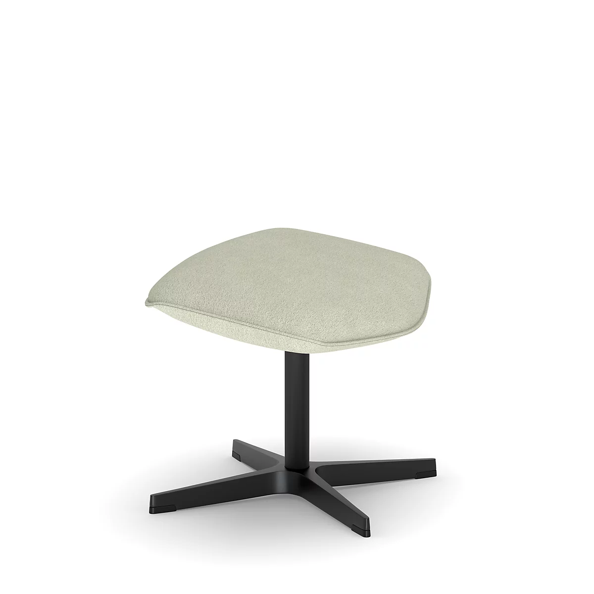 Hocker, quadratisch mit leicht abgerundeten Ecken, cremefarbene Sitzfläche, schwarzes Fußkreuz.