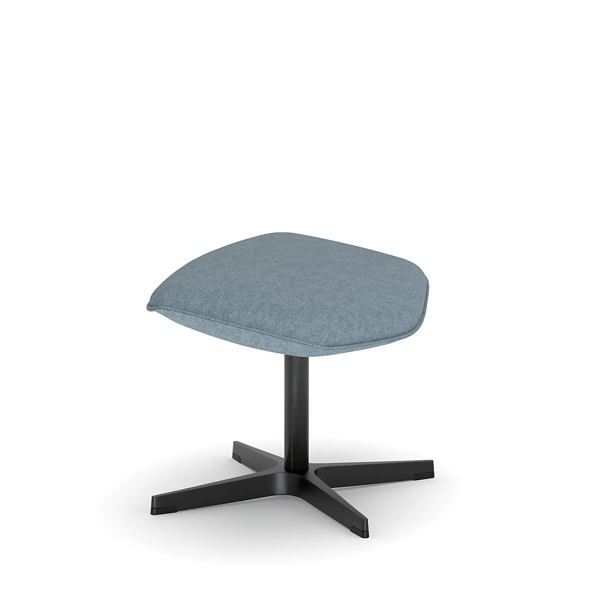 Ein blauer Hocker mit schwarzem Fußgestell vor weißem Hintergrund.