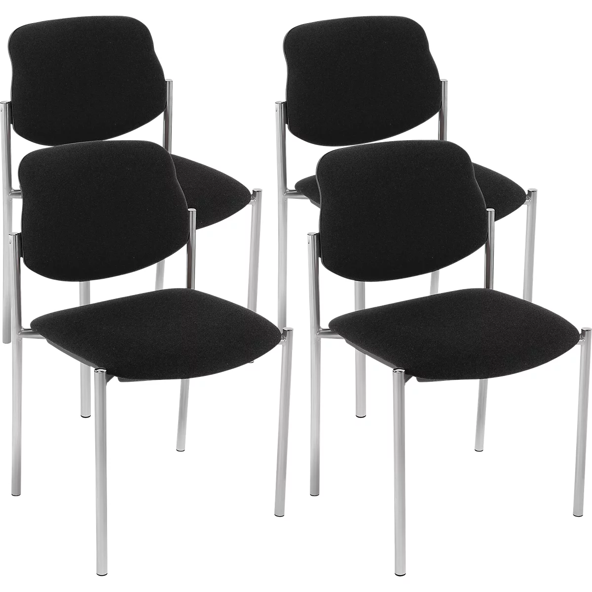 Verschillende zwarte stoelen met metalen poten. De rugleuningen zijn licht gebogen.