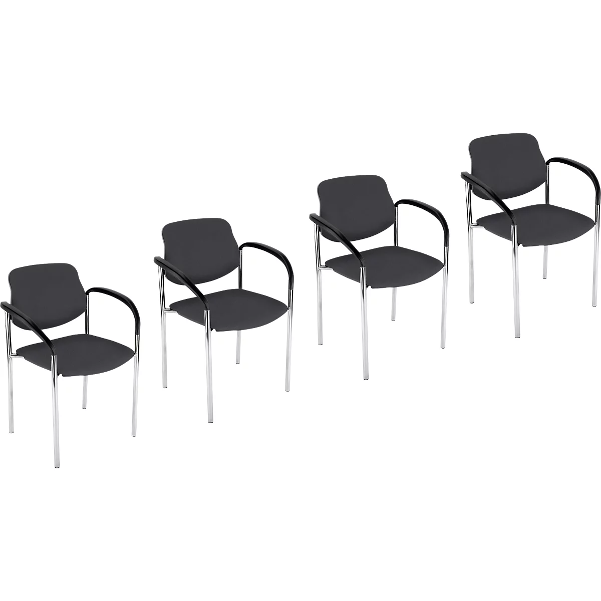 Quatre chaises de conférence grises avec accoudoirs noirs et pieds argentés.