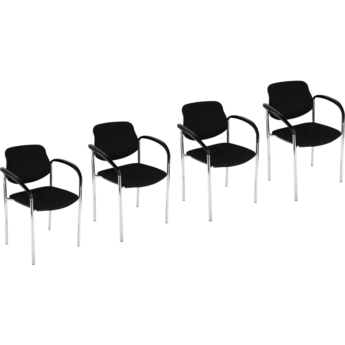 Quatre chaises noires avec accoudoirs, sur fond clair. Pieds et cadre en métal.