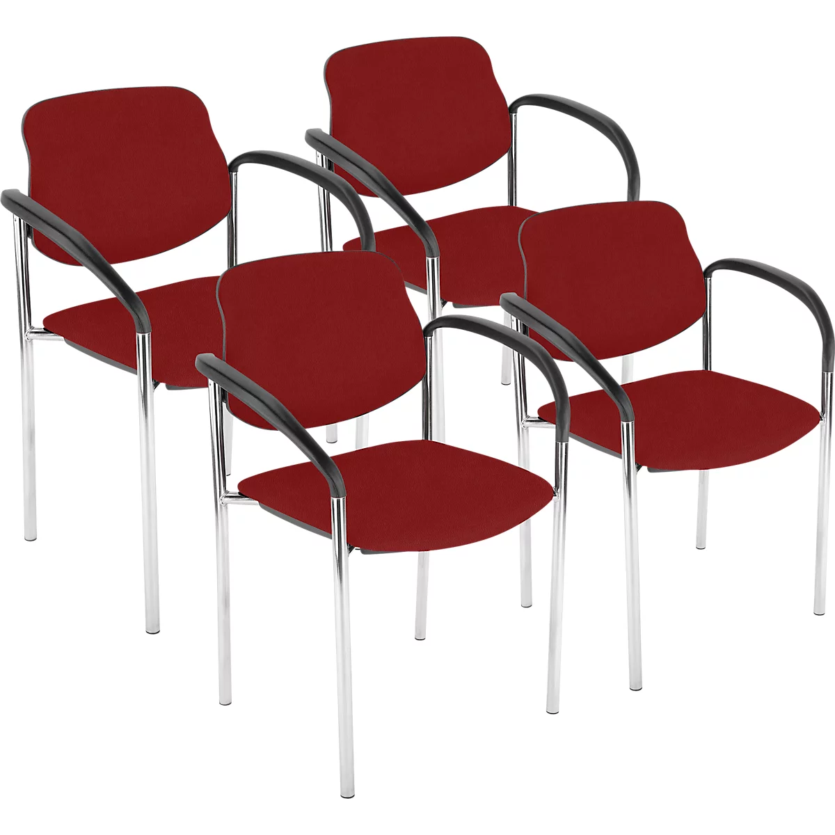 Plusieurs chaises avec assise rouge et accoudoirs noirs. Les pieds sont argentés.