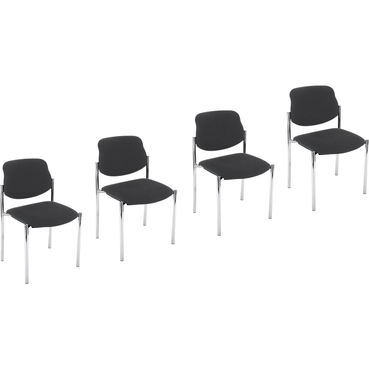 Quatre chaises noires avec des pieds en métal sur fond blanc.