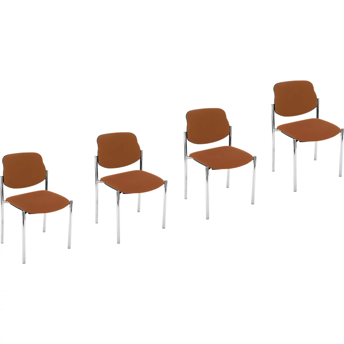 Quatre chaises marron avec des pieds en métal sur fond blanc.