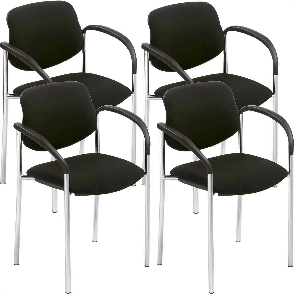 Six chaises de conférence noires avec accoudoirs, cadre chromé.