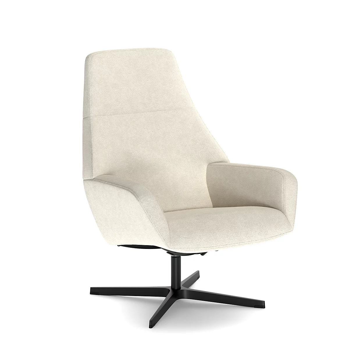 Crèmekleurige fauteuil met hoge rugleuning en zwarte, stervormige poten.