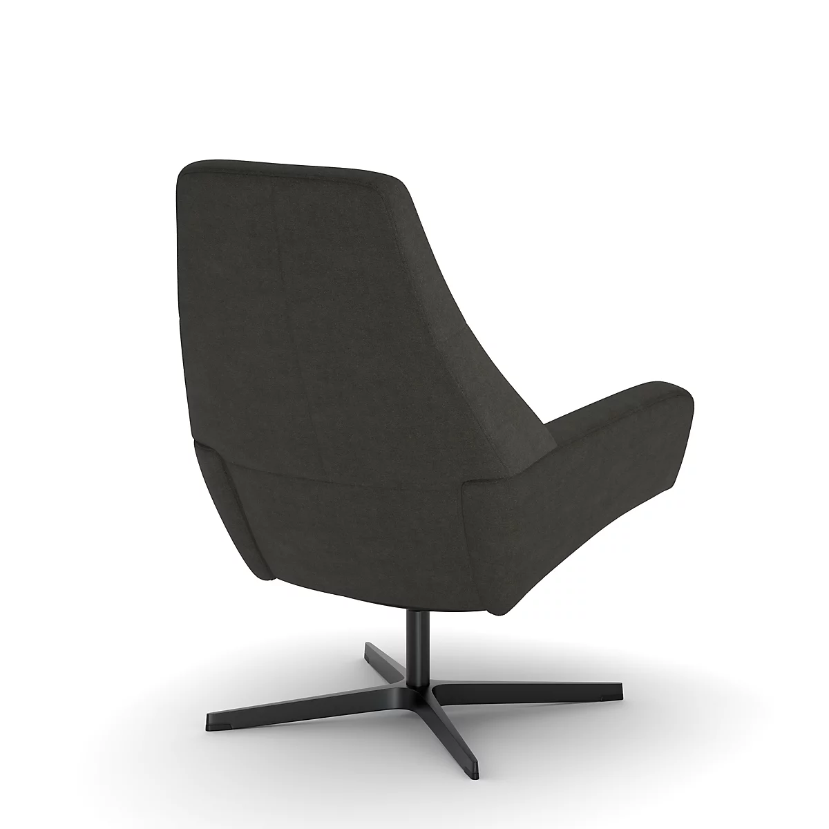 Een grijze fauteuil, gefotografeerd van achteren. Hij staat op een zwarte kruisvoet.