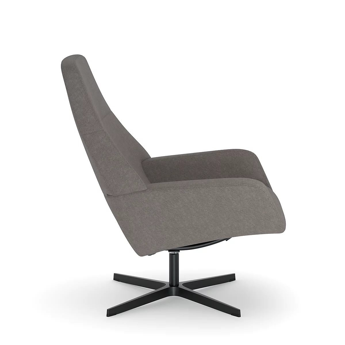 Een grijze draaifauteuil met zwarte stervoet, zijaanzicht.