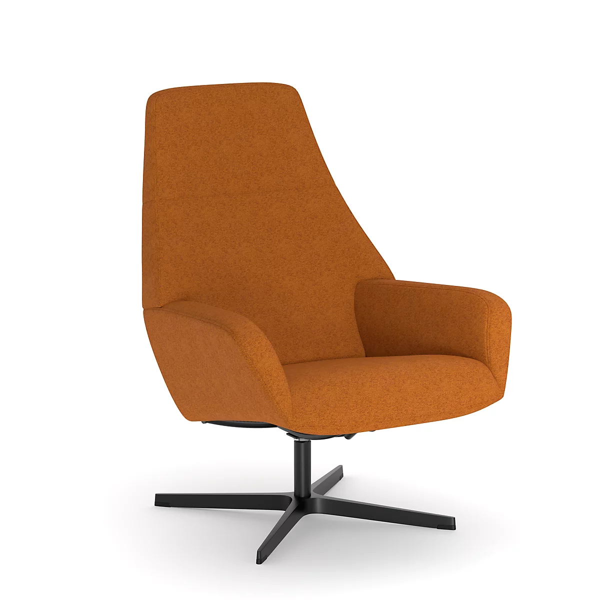 Oranje draaifauteuil met hoge rug en zwarte poten, geïsoleerd op witte achtergrond.