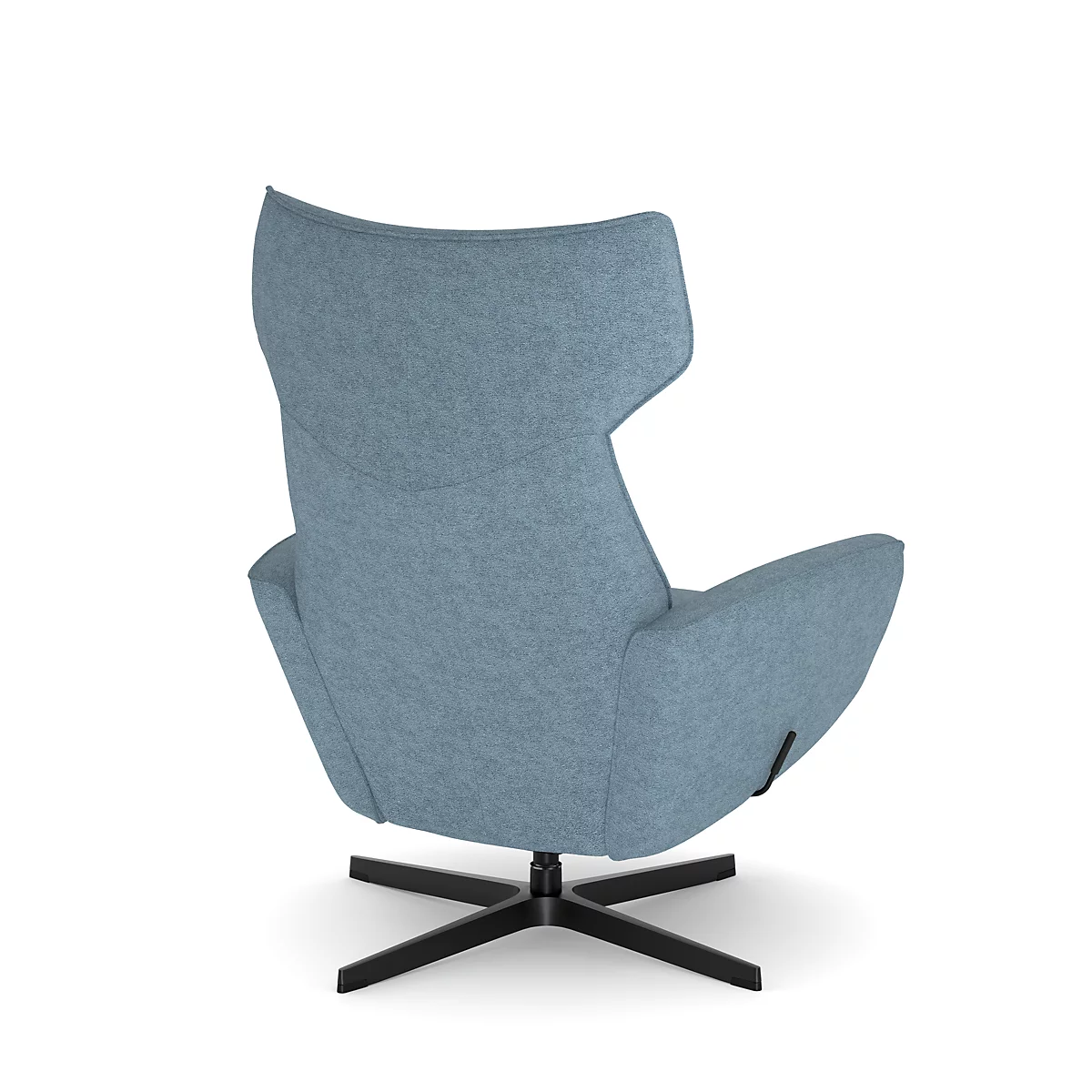 Blau gepolsterter Sessel, Rückansicht. Schwarzes Gestell, hoher Rücken.