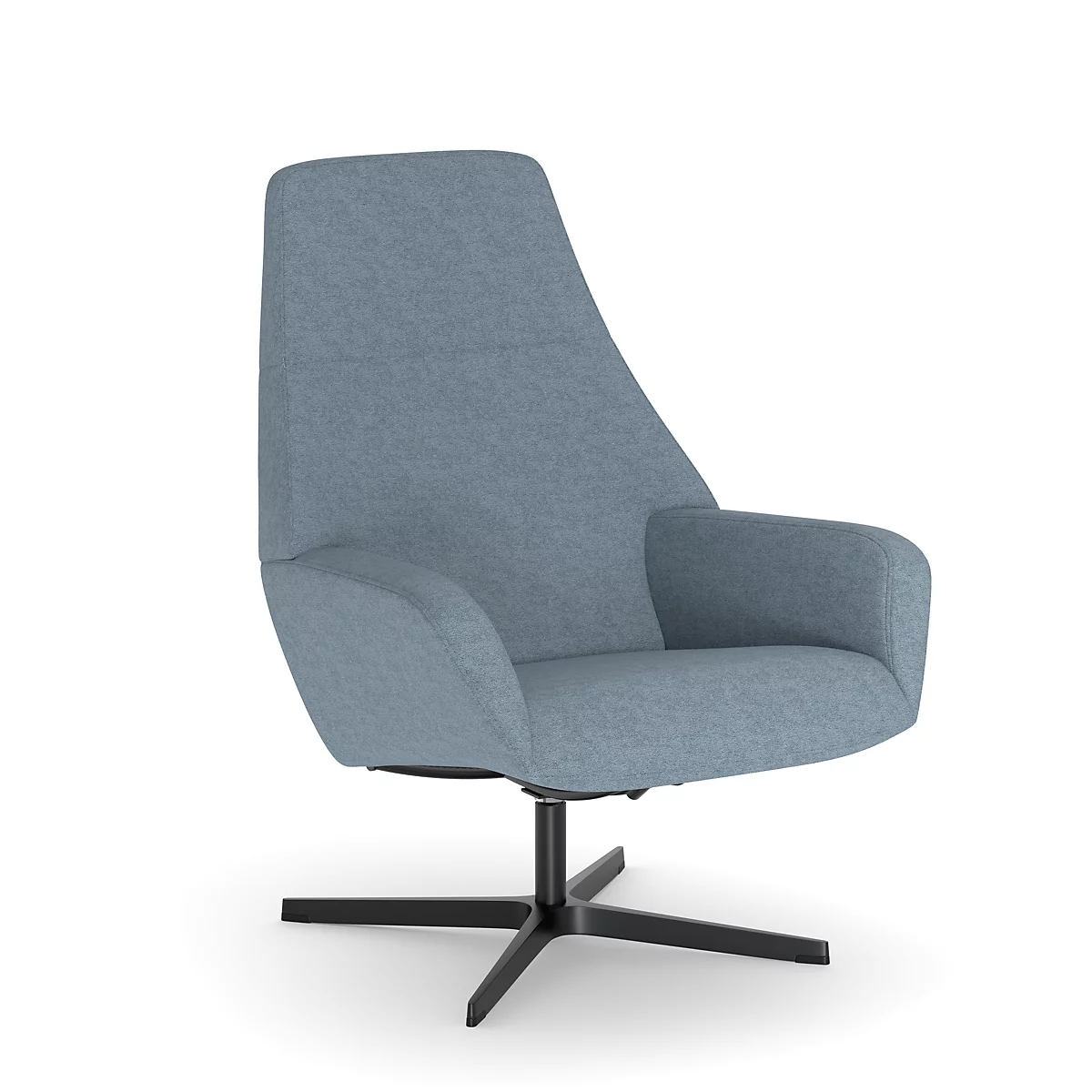 Fauteuil pivotant bleu avec base noire sur fond blanc.