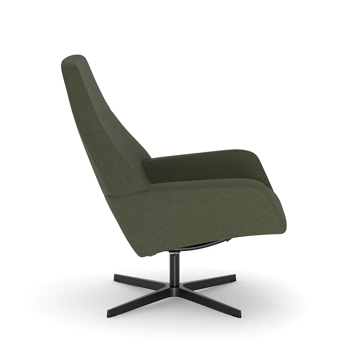 Fauteuil pivotant vert avec base en étoile noire, vue latérale sur fond blanc.