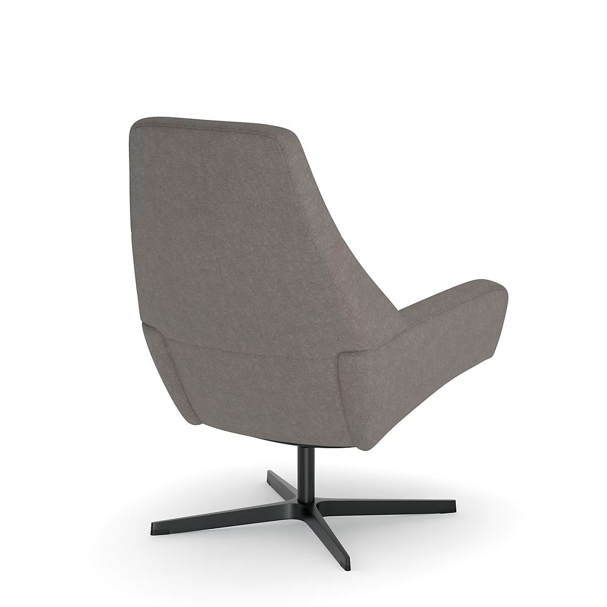 Vue d'un fauteuil marron sur un piètement en étoile noir. Le dossier de la chaise est arrondi et l'accoudoir a une courbe douce.