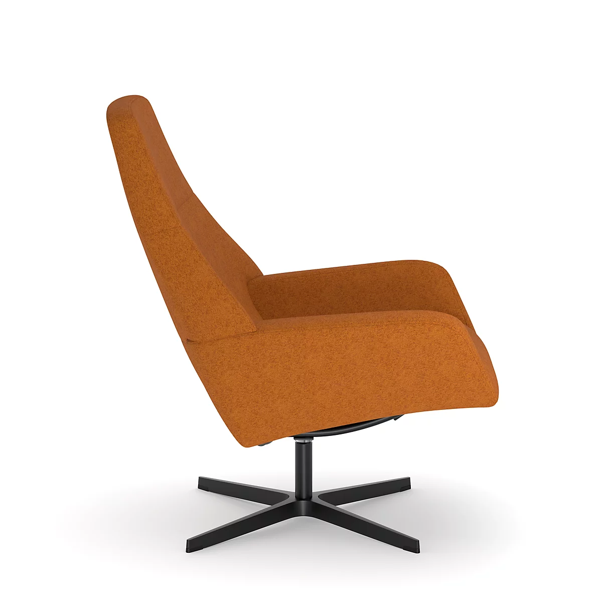 Un fauteuil orange avec un pied en étoile noir, vue latérale.