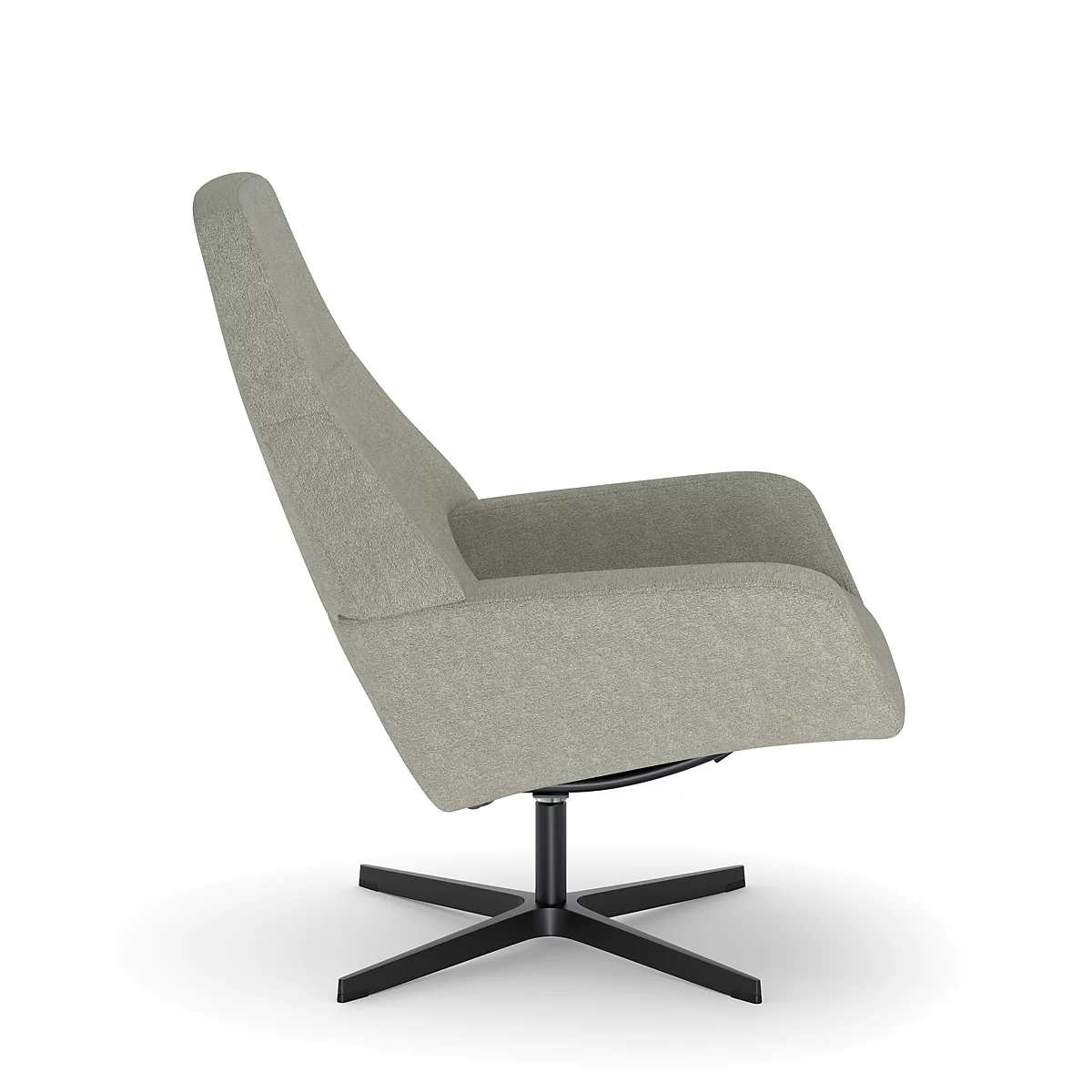 Fauteuil pivotant gris clair avec dossier haut et piètement noir sur fond blanc.