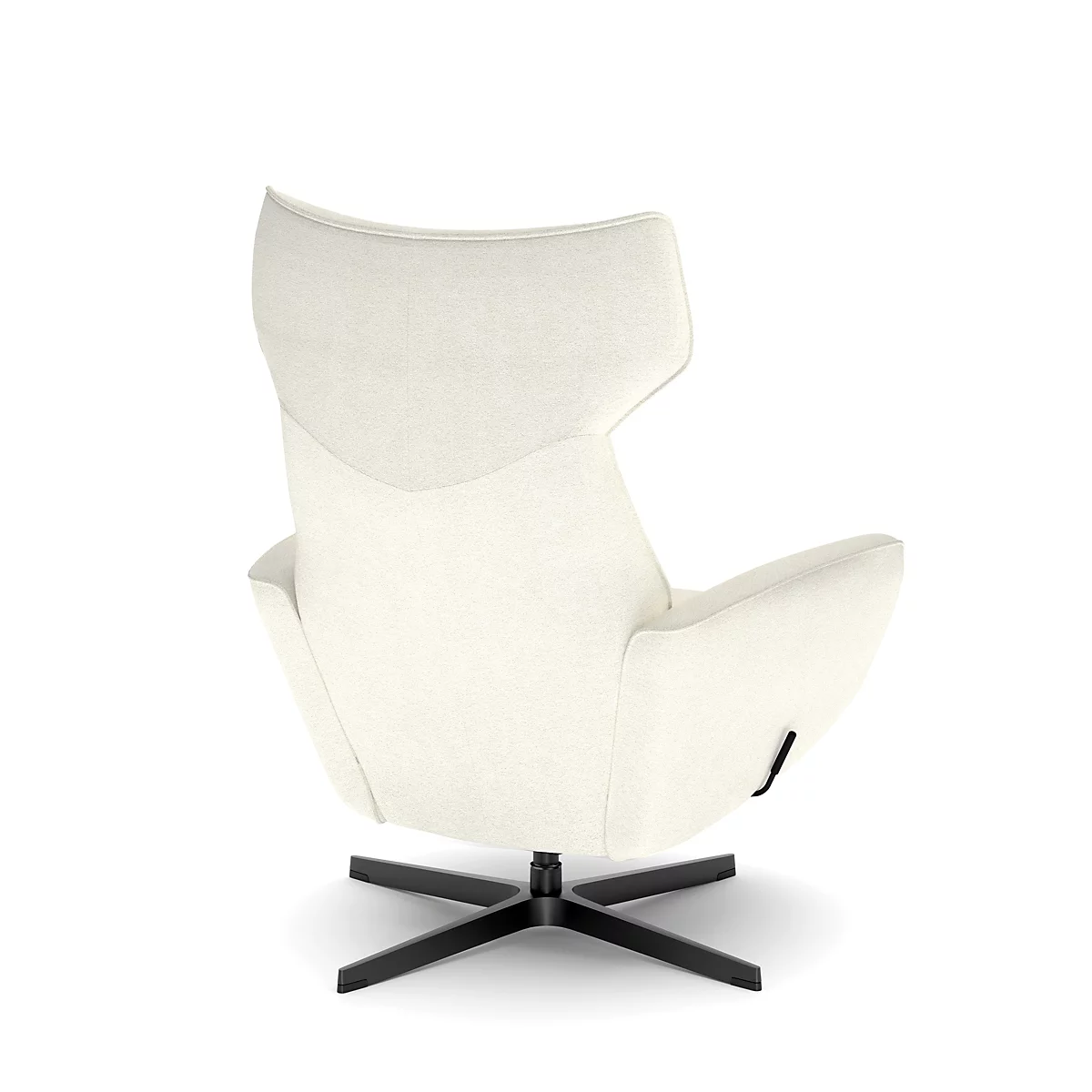 Fauteuil en tissu blanc, fauteuil pivotant, base noire, fond blanc.