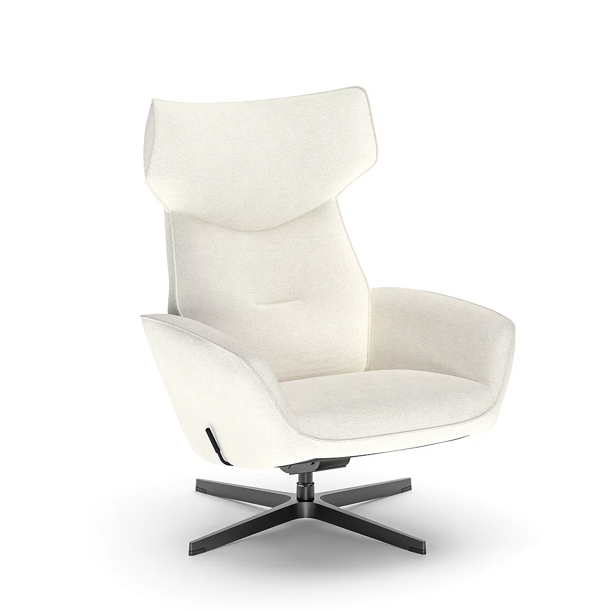 Fauteuil crème, dossier haut, sur pied étoile noir, isolé sur fond blanc.