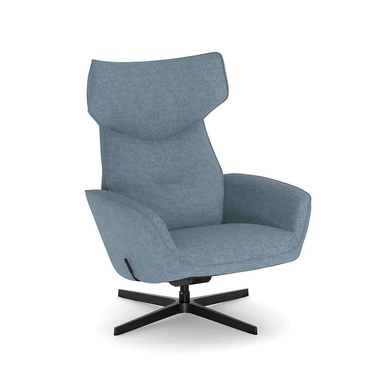 Fauteuil de cocktail bleu clair avec dossier haut et piètement noir.