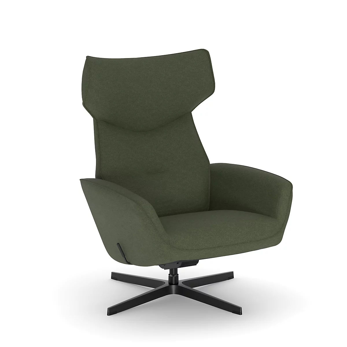 Un fauteuil vert avec un haut dossier et une base noire sur fond blanc.