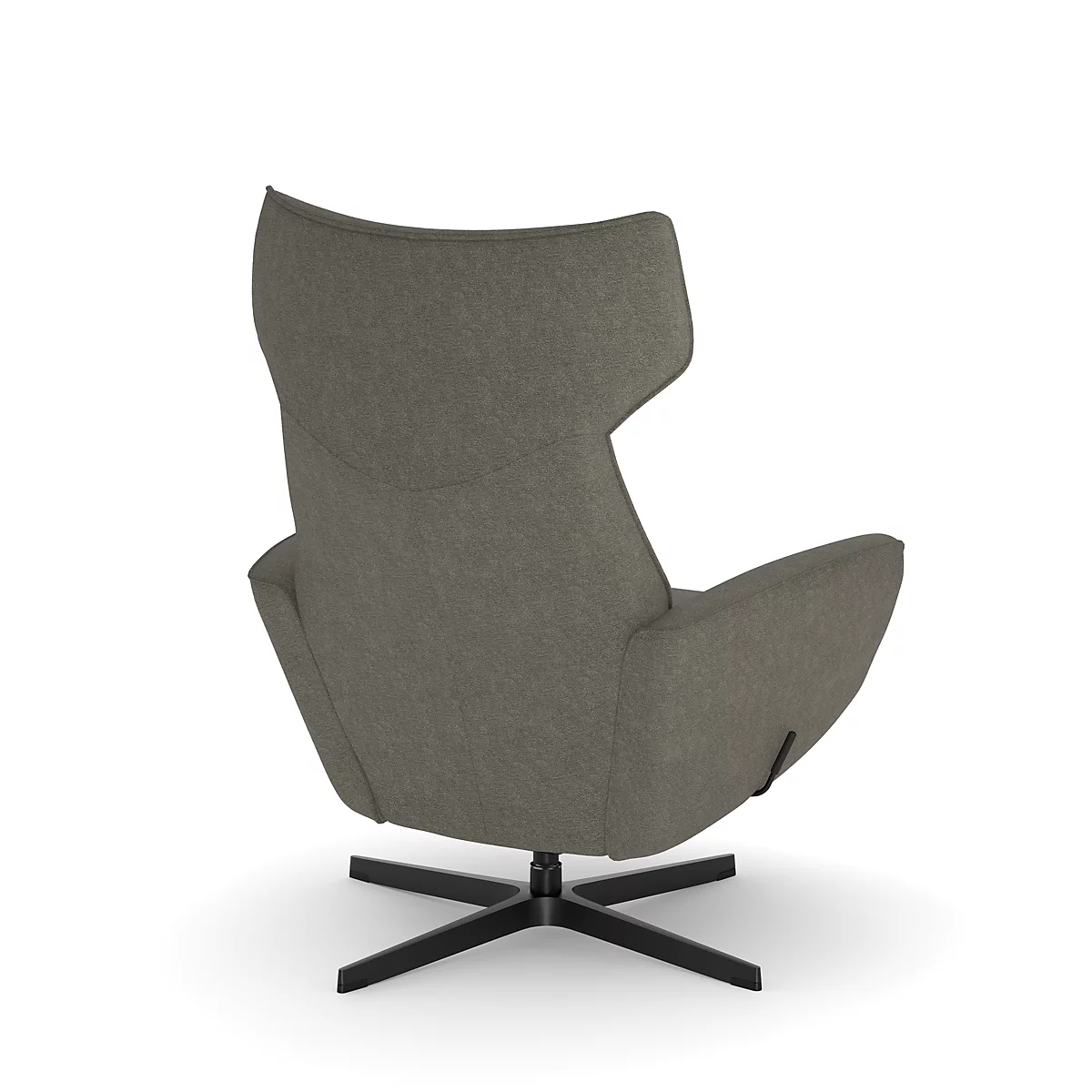 Dos d'un fauteuil gris avec dossier haut et piètement noir sur fond blanc.