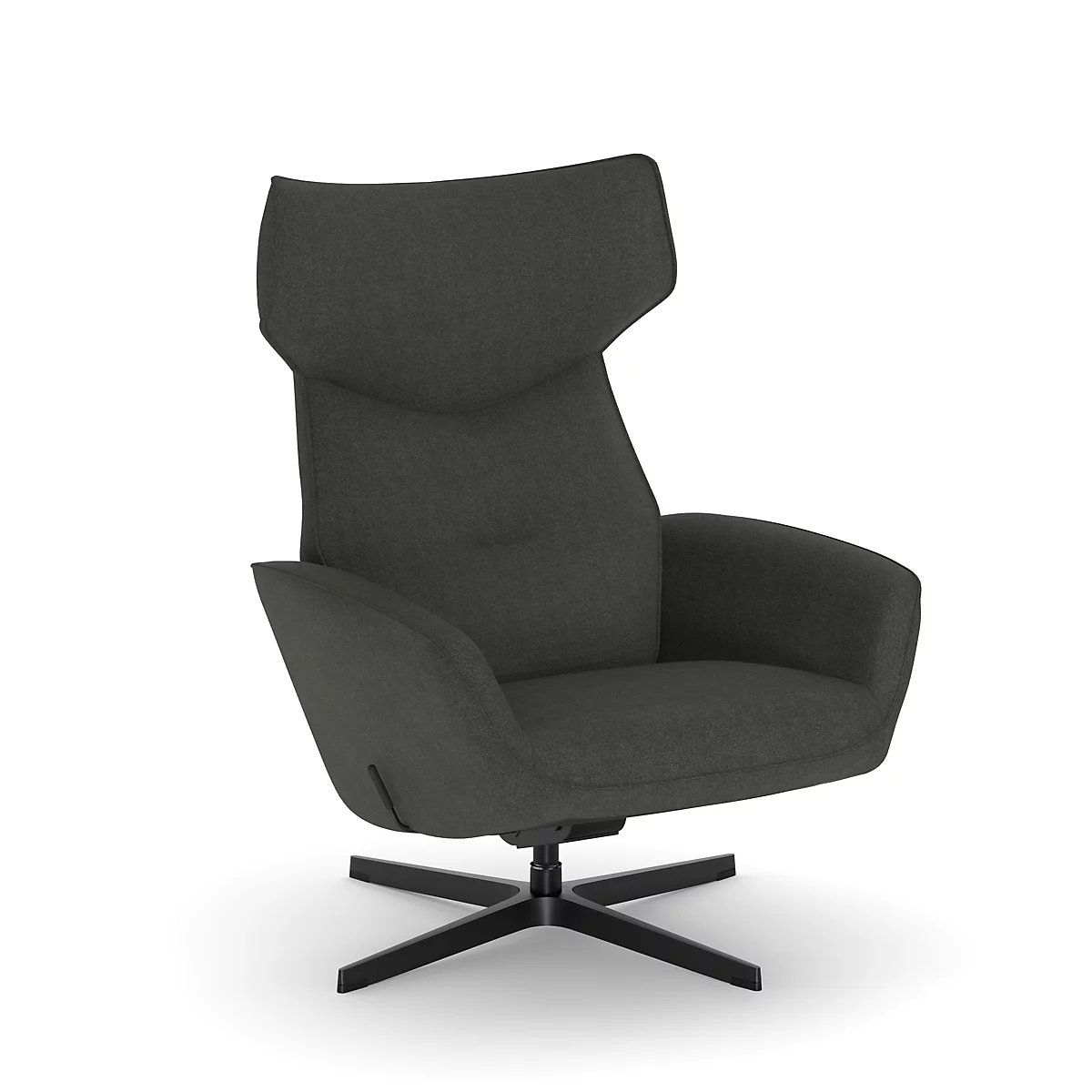 Fauteuil gris foncé avec dossier haut et pied en étoile.